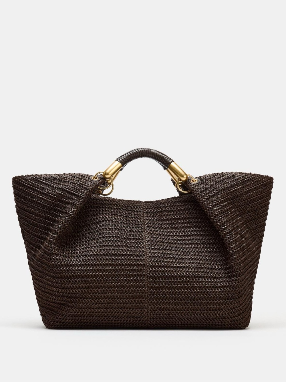 Zara Woven Tote Handbag in Dark Brown with Gold Accents